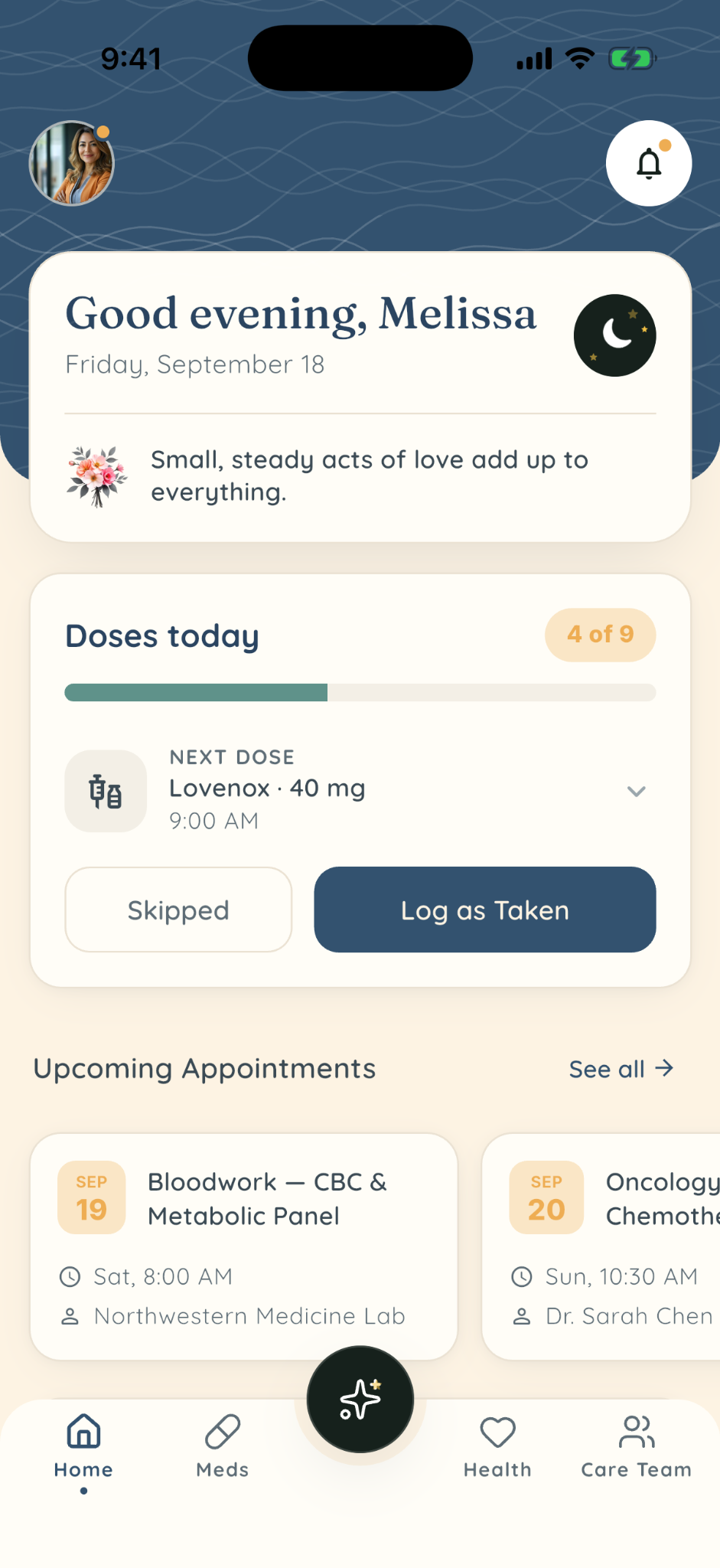 Bill’s Bridge home screen with the daily medication schedule and upcoming appointments.
