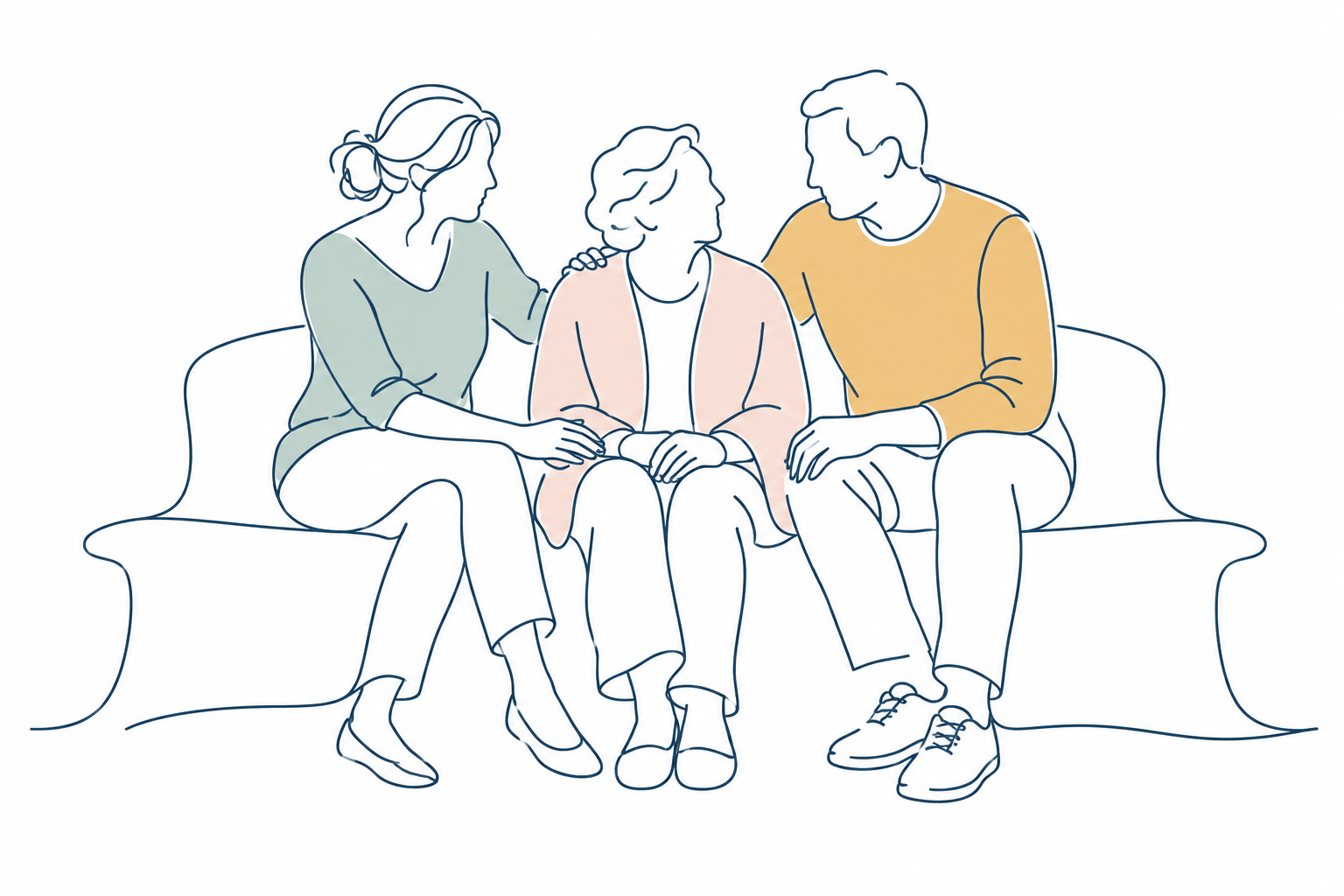 Three people sitting together in quiet support.