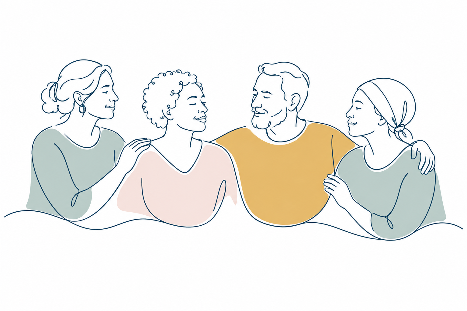 A small group connected through gestures of support.