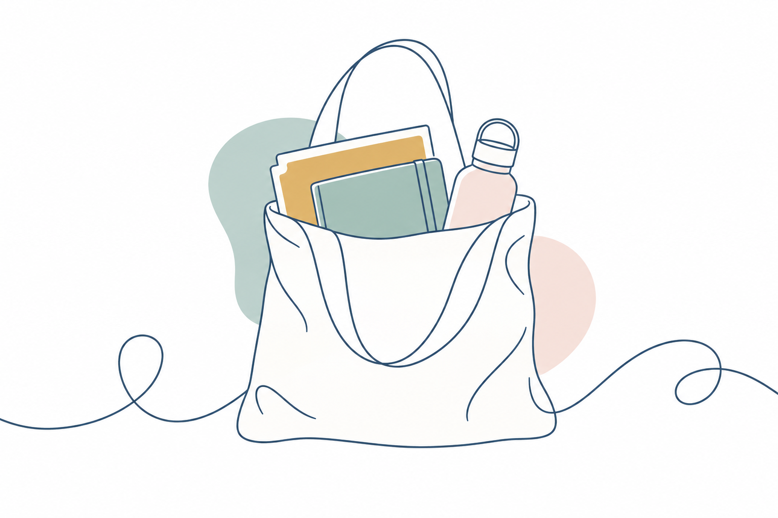 A tote bag packed with a notebook, folder, and water bottle.